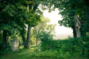 Beautiful green landscape with trees and stone gates