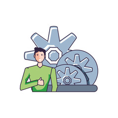 gears pinions machines with young man