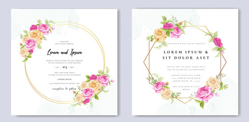 Fototapeta na wymiar wedding invitation card with beautiful floral and leaves