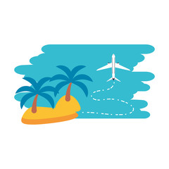 island beach with airplane flying
