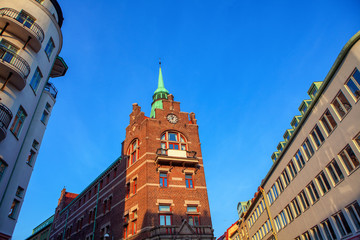 Fototapeta na wymiar typical swedish architecture , street of Helsingborg town in Sweden