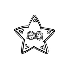 Two cute cartoon girl face portrait with start and love frame school logo template