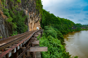 Fototapeta na wymiar Famous place in Thailand (Death Railway near Tham-Kra-Sae station)