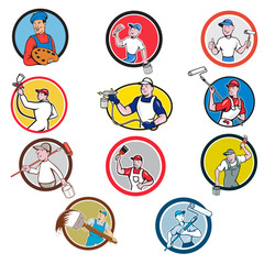 Set or collection of cartoon character mascot style illustration of house or domestic painter, builder, handyman, decorator, contractor or renovator set in circle on isolated white background.