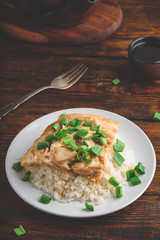 White rice with scrambled eggs with chicken and green onion