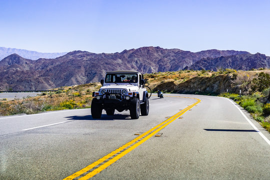 March 17, 2019 Coachella Valley / CA / USA - Jeep vehicle travelling on a highway in south California
