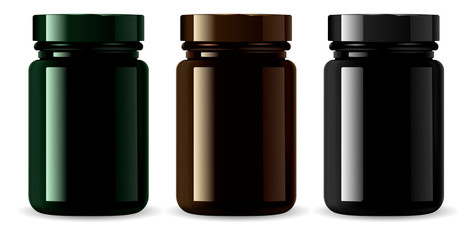 Amber Medicine Bottle Mockup. Cosmetic Packaging Container Blank Realistic 3d Illustration Design. Medical Drug Container. Aronatherapy or Essence Flacon. Treatment Vial in Black, Brown, Green Color