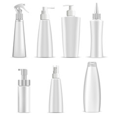 Cosmetic Bottles. White Plastic Package 3d Design. Vector Container blank for Lotion, Shampoo, Cream Beauty Care. Dispenser Pump, Spray Set. Realistic Spa Jar Isolated on Background. medical Bottle