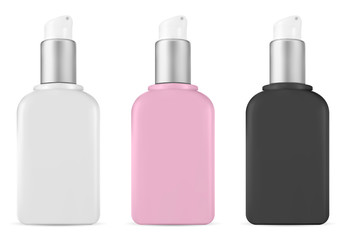 Pump Cosmetic Bottle. Dispenser Pump Blank for Body Cream. Beauty Product Packaging Template. Plastic Container Isolated on White Background for Shampoo, Lotion, Skin Care Oil. Medical Gel Jar pack