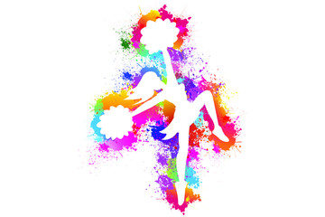 Plakat Popular sports, Cheerleader, Dancing colorful girl splash paint on white background. Exercise, Logo, Icon, Symbol, Silhouette. Vector illustration.