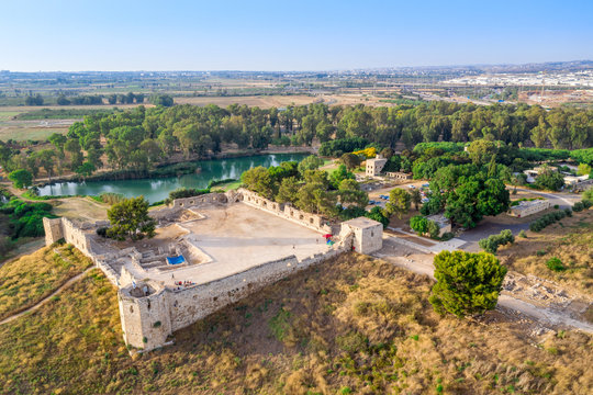 Aerial view of Antipatrus castle or Binar Bashi Ottoman era fortress near the Yarkon River in Israel