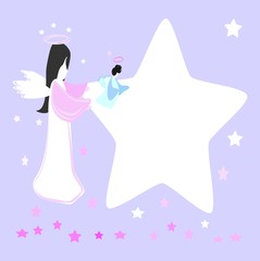 little angels - fairy with wings and candlelight ,Love of mother and daughter, bright background stars and Christmas, small white stars, 