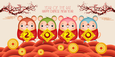 Happy New Year 2020. Five little rats holding a sign golden Chinese characters 2020. The year of the rat. Translation Happy New Year