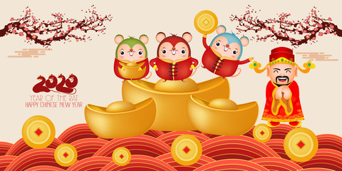 Happy New Year 2020. Three little rats holding gold , Ingot. The year of the rat. Translation Happy New Year