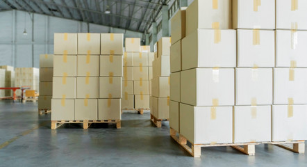 Packaging Boxes Stacked on Pallets in Storage Warehouse. Cardboard Boxes Supply Chain. Storehouse Commerce Shipment Distribution. Shipping Warehouse Logistics.	 - obrazy, fototapety, plakaty