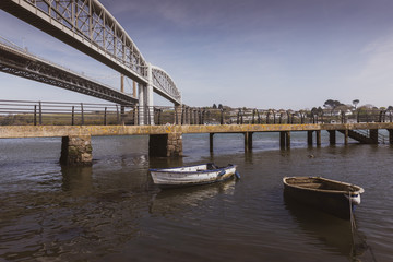 Saltash River Tamar in Cornwall with Isambard Kingdom Brunel Bridge and Tamar Bridge.