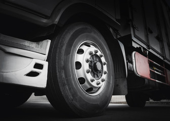 Front of truck wheels tires. Freight truck transport