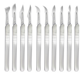 Set of scalpels with interchangeable blades of various shapes. Surgical operating hand tools. Realistic objects on a white background. Vector