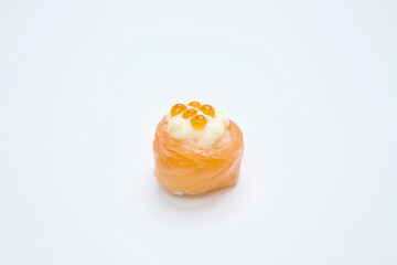 Philadelphia Maki Sushi made of Fresh Raw Salmon on white background.