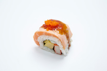 Philadelphia Maki Sushi made of Fresh Raw Salmon on white background.