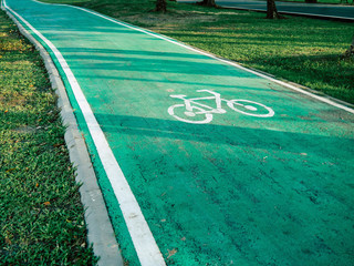 GReen bicycle path at Vachirabenjatas Park (Rot Fai Park), Bicycle road sign on asphalt. Leisure activities, Sunny day