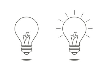 Light bulb set. Turned off and glowing. Line art on white background.