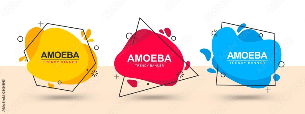Poster Collection of modern bright geometric banners. Vector banners in the style of memphis. Template ready for use in web or print design. Liquid flat design element.