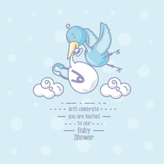 baby shower card with stork flying - obrazy, fototapety, plakaty