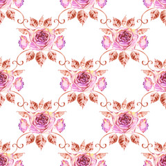 Watercolor roses seamless pattern. Seamless texture with boho roses. Hand painted vintage gardening background.