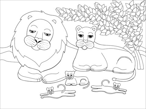 Illustration of a family of lions in a natural environment. A lion, a lioness and three cubs resting in the shade of a bush. Picture of living nature for children. Family of lions during the rest.  