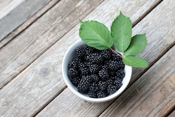 Ripe blackberries in a white bowl sitting on a wooden background