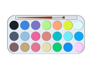 Vector image of a set of watercolor colors. The palette of watercolors is 21 colors. To advertise artistic accessories. For the internet of the artist's shops. For courses in drawing.