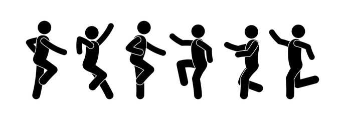 dancing people icon, pictogram dancers, isolated silhouettes, stick figure man