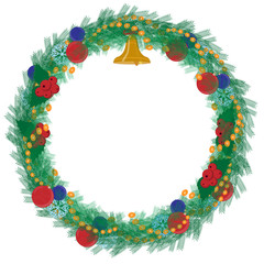 Fototapeta na wymiar Christmas wreath of fir branches with different decorations. Festive wreath to decorate the door.