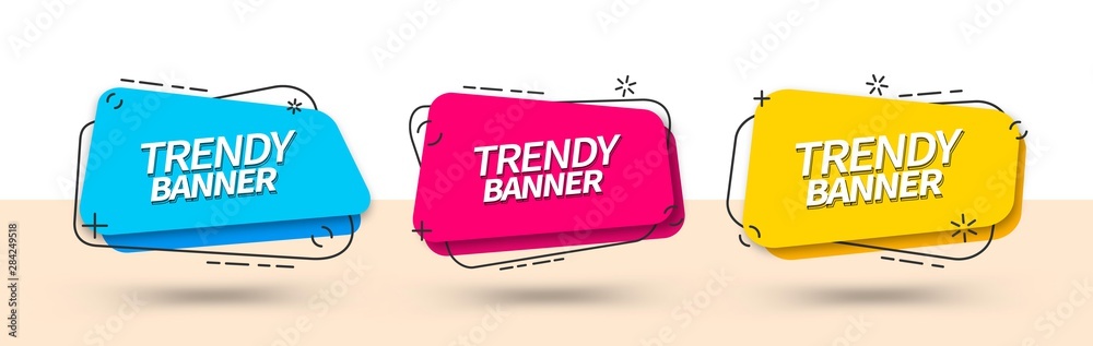 Poster Bright banner templates for use in web and print. Vector trendy banners of square shape. Ready templates blue, red and yellow color.