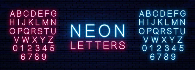 Fotobehang Bright neon letters of red and blue color isolated on brick wall background. Vector neon font. © Onabi