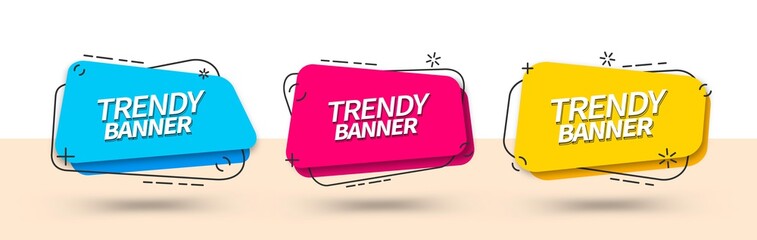 Bright banner templates for use in web and print. Vector trendy banners of square shape. Ready templates blue, red and yellow color.