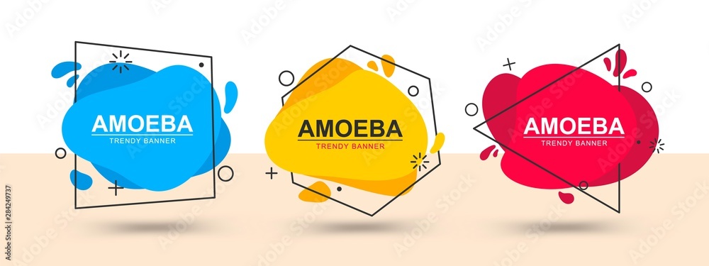 Poster Set of modern bright banners blue, yellow and red color. Vector banners in the style of memphis. Template ready for use in web or print design. Liquid flat design element.
