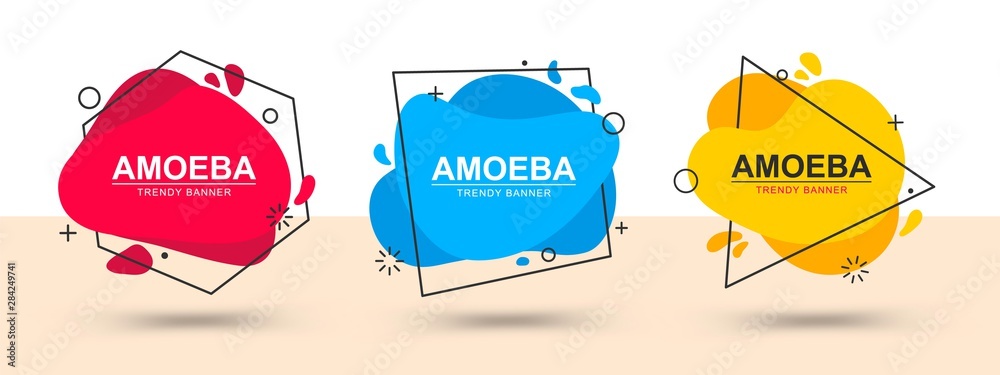 Poster Set of trendy abstract geometric banners. Vector banners in the style of memphis. Template ready for use in web or print design. Liquid flat design element.