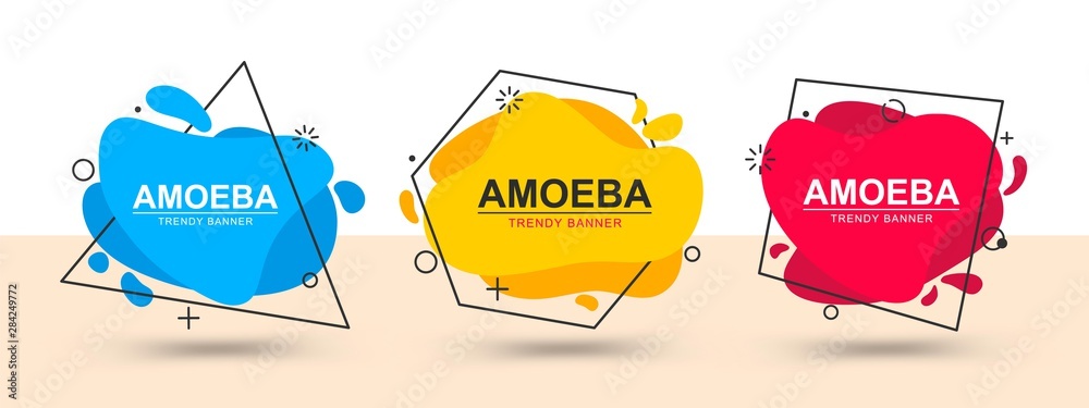 Poster Set of trendy bright banners blue, yellow and red color. Vector banners in the style of memphis. Template ready for use in web or print design. Liquid flat design element.