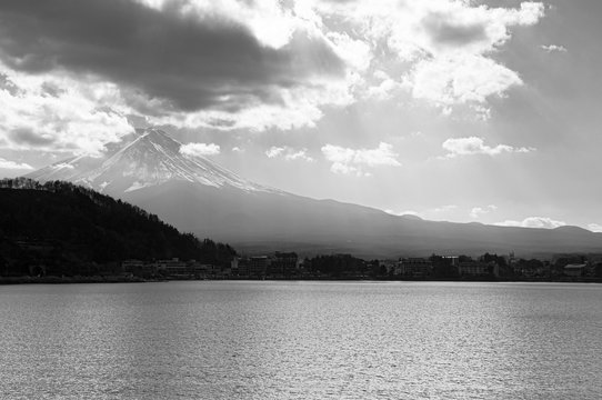 Mount Fuji behind Lake Kawaguchiko and clouds in winter - Japan © PixHound