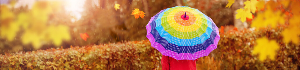 Boy holding colourful umbrella under rain in autumn