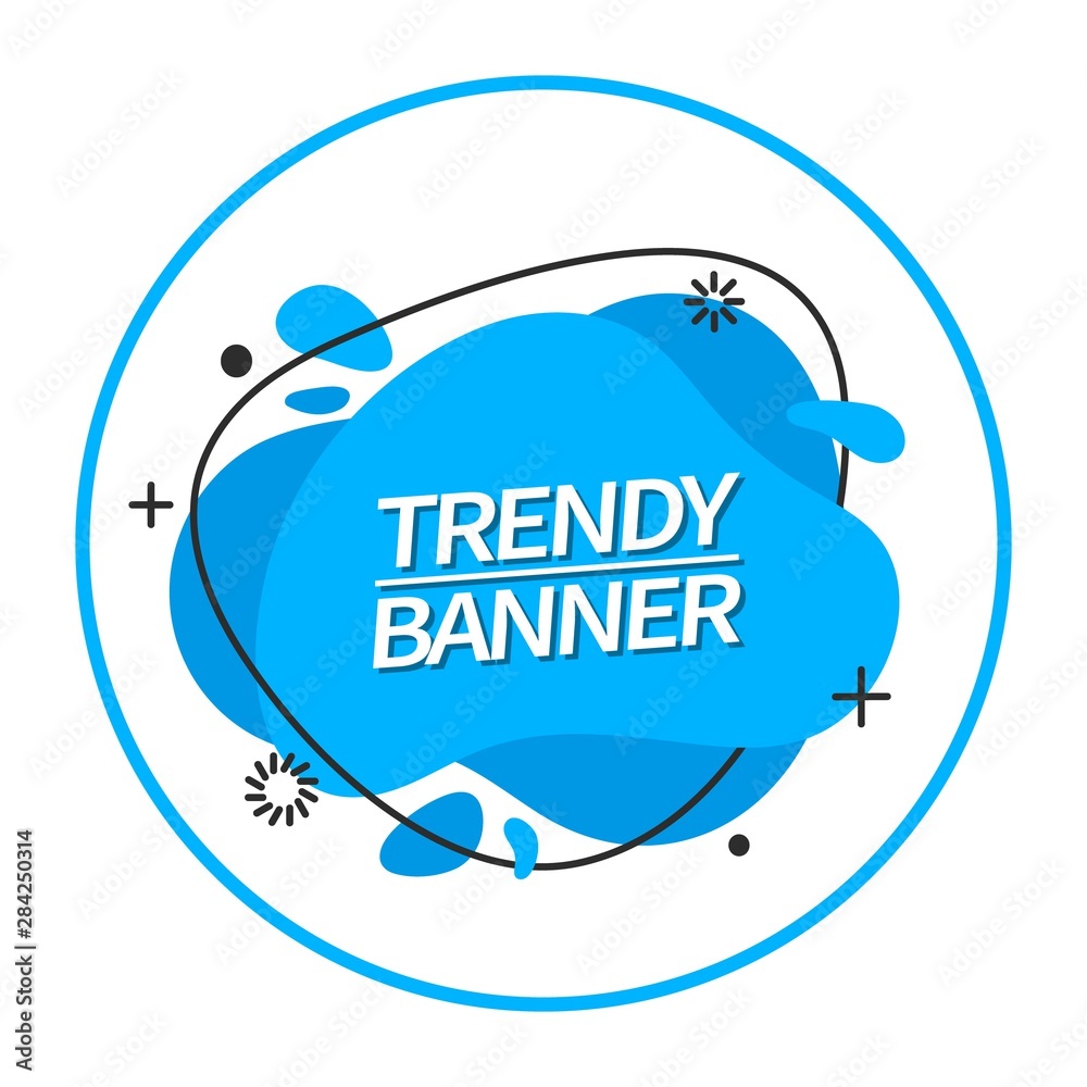 Poster Trendy abstract banner blue color. Vector banner in the style of memphis. Template ready for use in web or print design. Liquid flat design element.