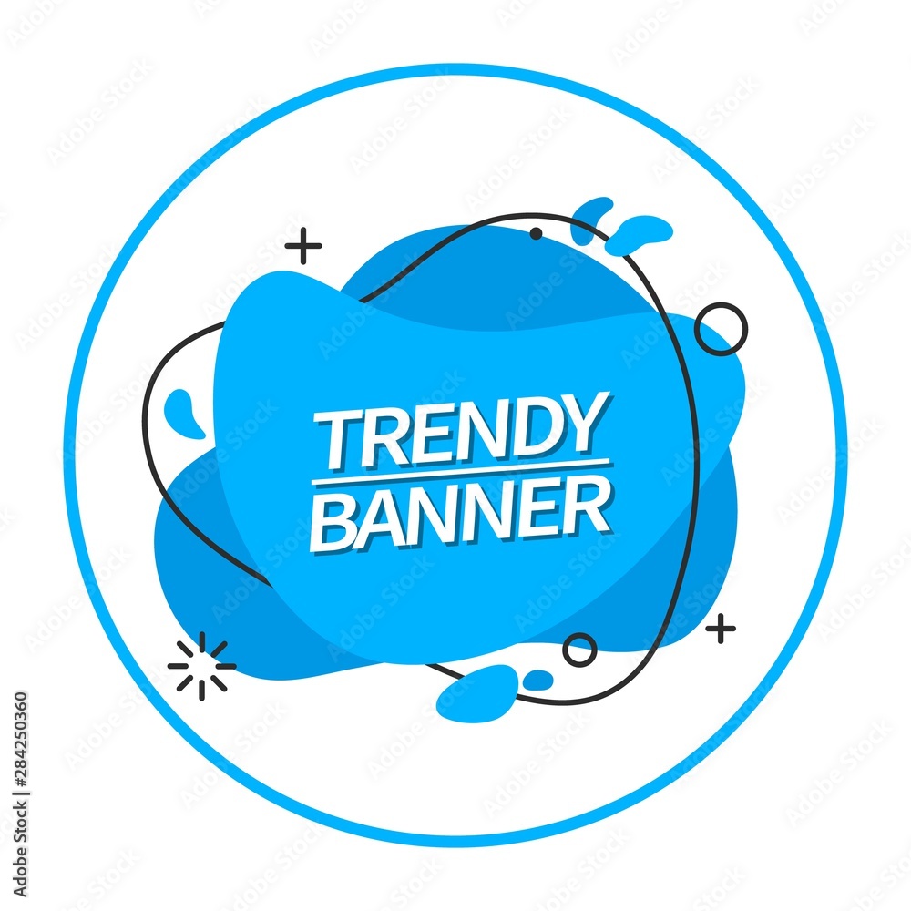 Poster Trendy abstract banner blue color. Vector banner in the style of memphis. Template ready for use in web or print design. Liquid flat design element.