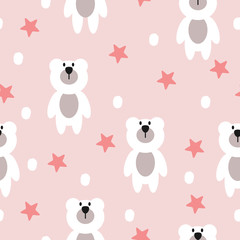 Obraz premium Cute white bear with star and snow seamless pattern background. Vector illustration.