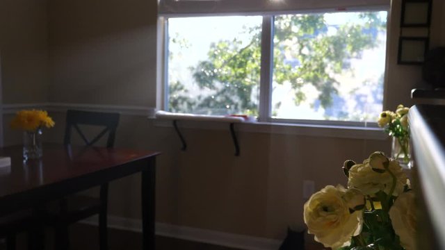 Vibrant sun shining through beautiful dining room 4k. God rays shining though window of room Italy.