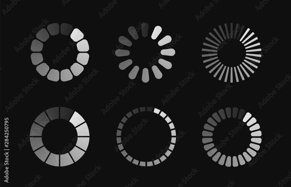 Poster Download or upload status icons. Circle website buffer loader or preloader. Vector set different load icons.