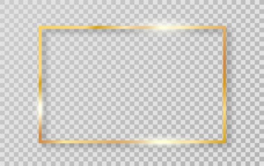Gold luxury shiny glowing realistic vintage frame with shadows isolated on transparent background. Vector golden realistic rectangle border. Vector Illustration.