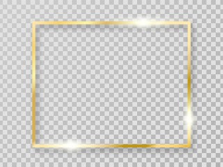 Golden shiny frame with shadows isolated on transparent background. Vector gold border for decoration.