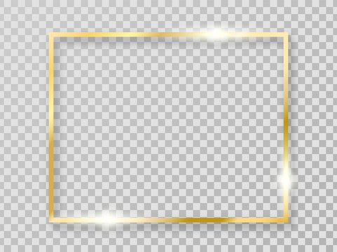 Golden shiny frame with shadows isolated on transparent background. Vector gold border for decoration.